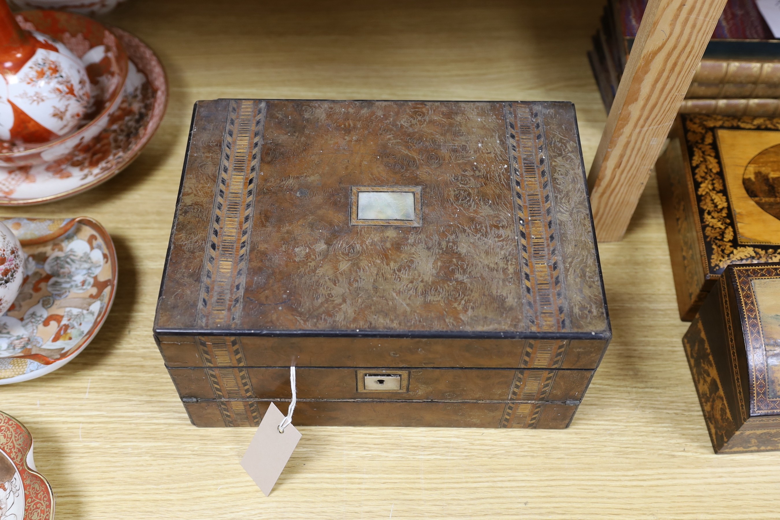 A 19th century inlaid writing slope and assorted contents